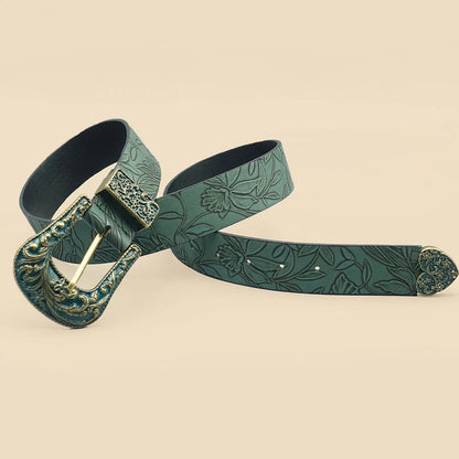 Cinturón de mujer vintage con hojas talladas – Polipiel, verde militar