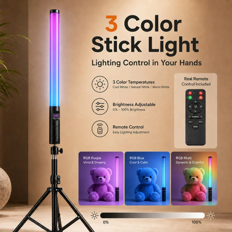 عصا إضاءة الفيديو المحمولة RGB – مصباح LED قابل لإعادة الشحن مع حامل ثلاثي اختياري