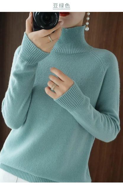 Modischer Basic-Herbst-Winter-Merinowollpullover mit Stehkragen, Kaschmir, einfarbig, weich, langärmlig, Basic-Oberteil