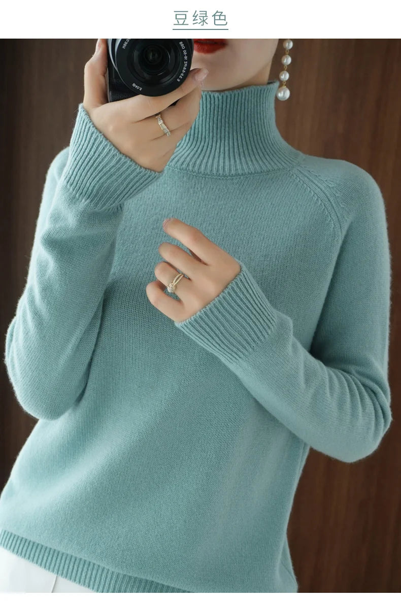 Fashion Basic Autumn Winter Merino Wool Sweater Mock Neck Cashmere Pullover Solid Color Soft Long Sleeve Basic Clothing Tops