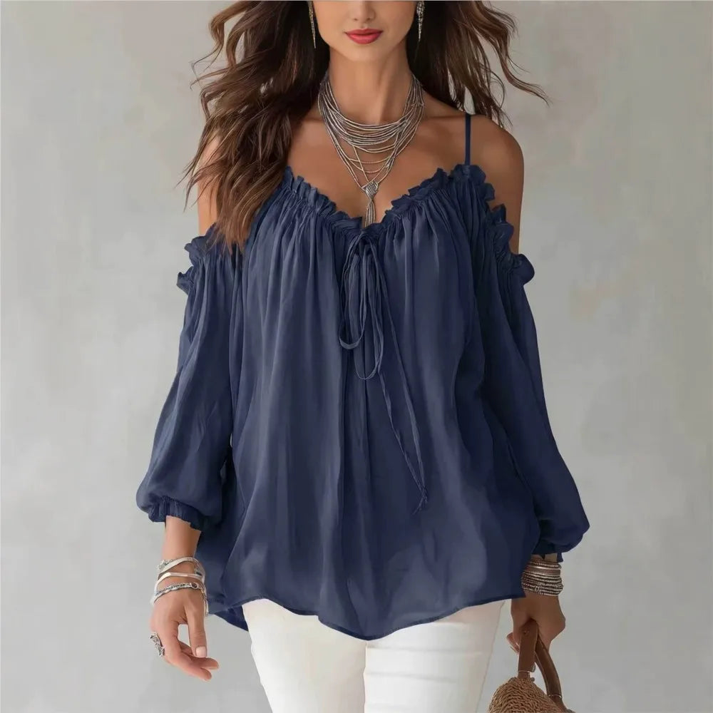 Elegant Off Shoulder Blouse Ruffled V Neck Lace Up Puff Sleeve Chiffon Shirts Loose Casual Summer Fashion Women Long Sleeve Top