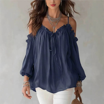 Blusa con volantes, hombros descubiertos y cordones