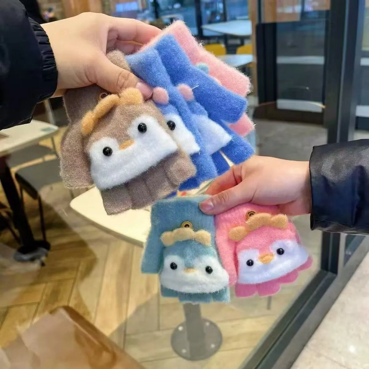 Kids' Penguin Flip-Top Mittens – Half-Finger Winter Gloves (Ages 2–6)