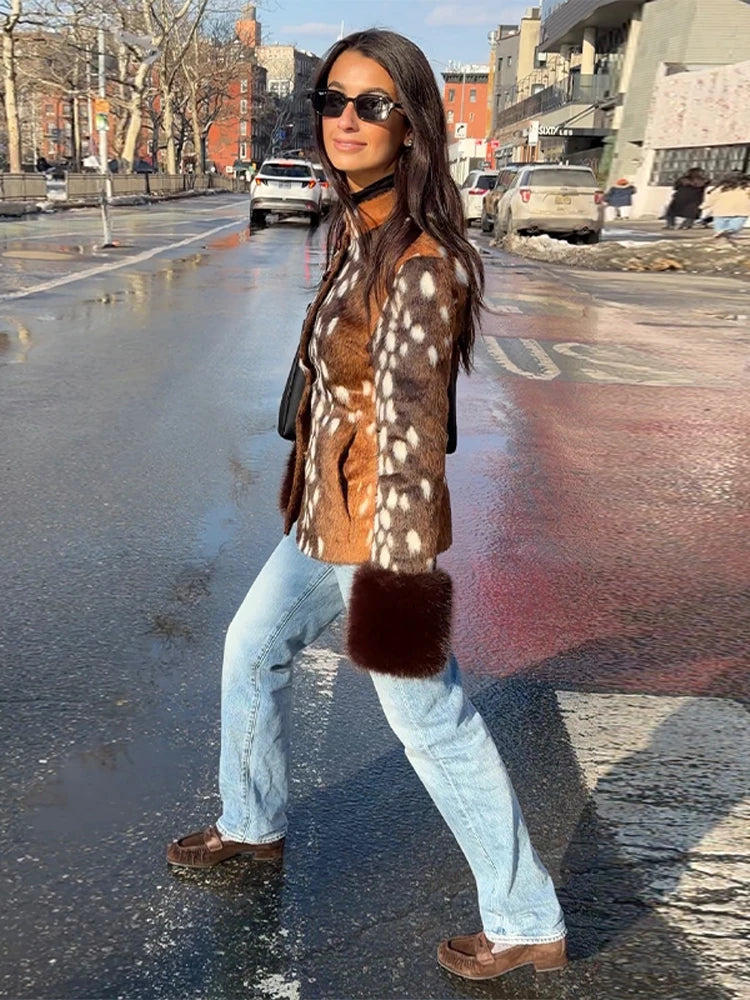 Street Leopard Print Fur Cuffs Jacket Women Stand Collar Full Sleeve Buttons Jackets 2026 Autumn Winter Fashion Lady Outwear
