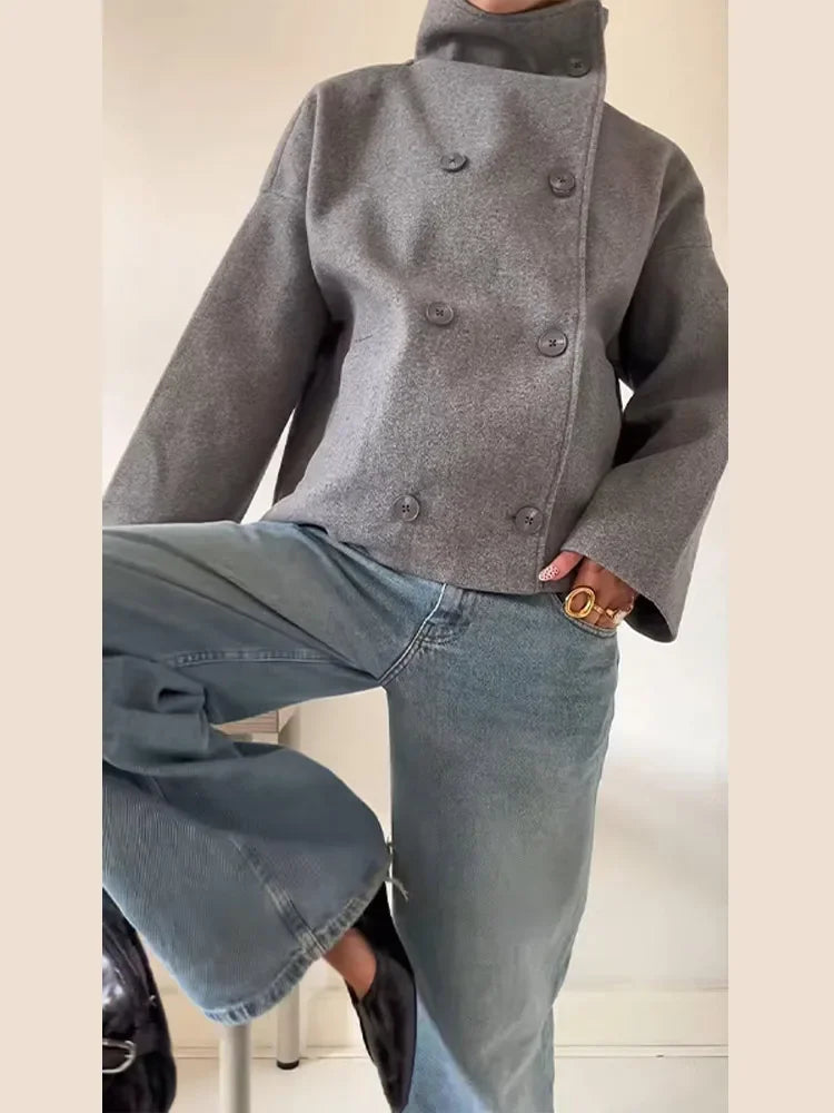 Classic Black High Neck Faux Wool Coats Women Chic Double Breasted Wide Sleeve Pocket Jackets Fall Winter Street Loose Outerwear