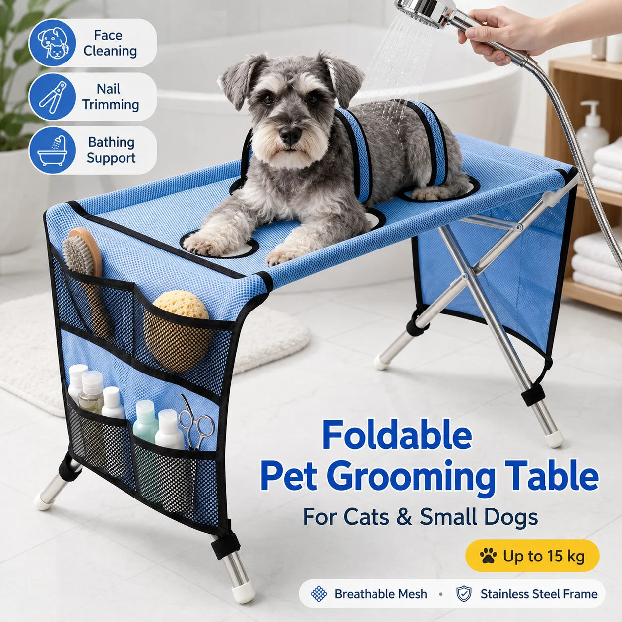 Table de toilettage portable pour animaux de compagnie Station de bain pliable pour chiens Établi de toilettage pour chats Hauteur réglable Outil de coupe de poils et de griffes
