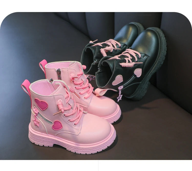 Black/pink Girls Leather Boots Velvet with Anti Slip Low Cut Side Zipper Winter Outdoor Girls Fashion Single Boot