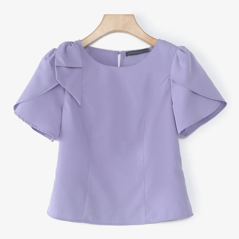 Women Blouse ZANZEA Elegant Office Lady Summer Short Puff Sleeve Bow Fashion Shirts 2025 Casual Solid Color Tops Tunic Blusas