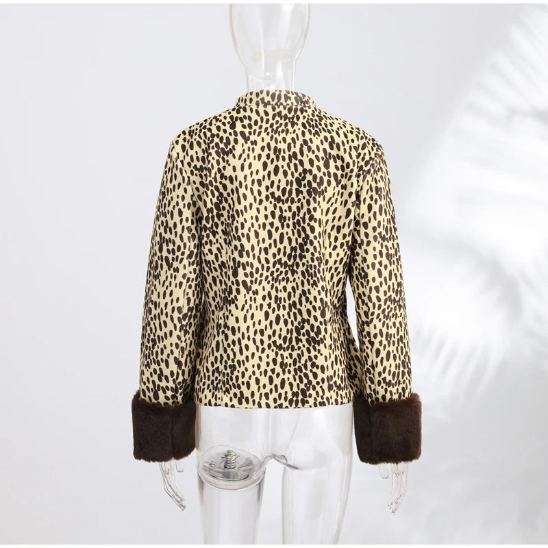 Street Leopard Print Fur Cuffs Jacket Women Stand Collar Full Sleeve Buttons Jackets 2026 Autumn Winter Fashion Lady Outwear