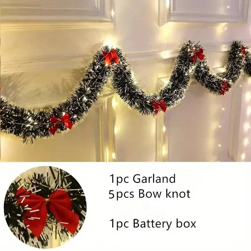 2M LED Light Christmas Tinsel Garland Shiny Metallic Twist Hanging Ornament Artificial Xmas Garland Fireplace Mantel Home Party