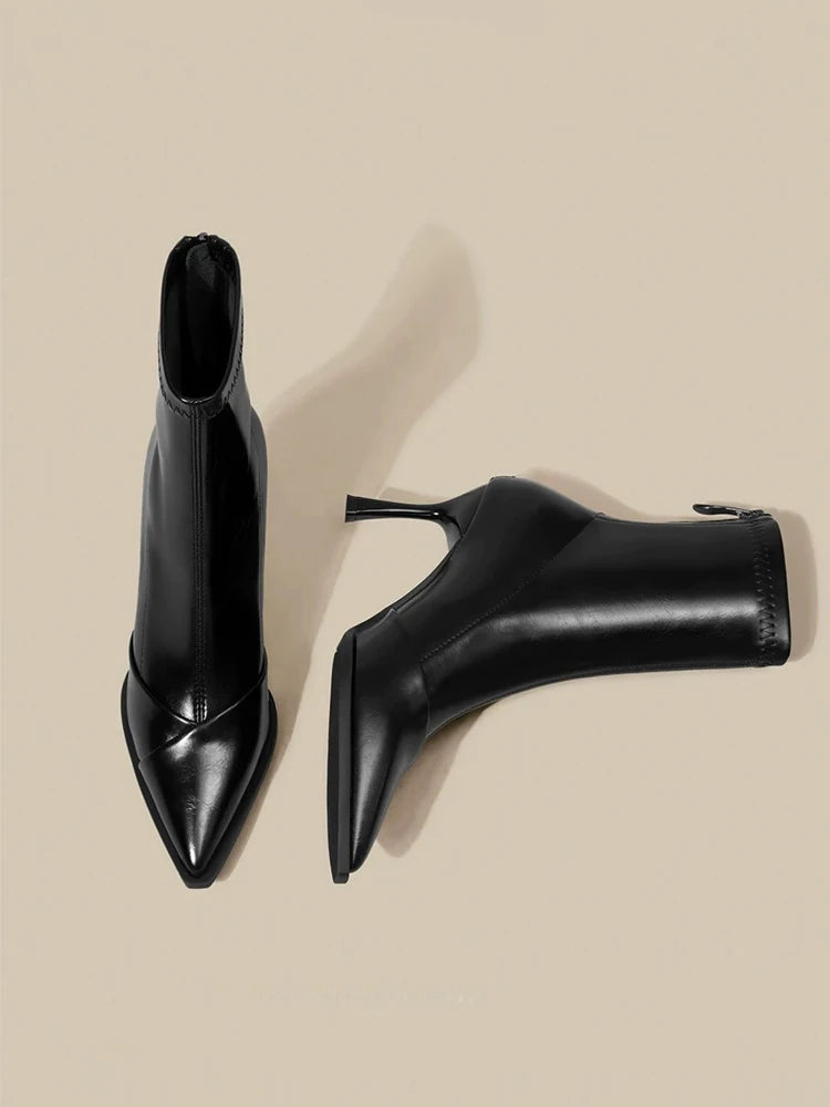 Black Pointed Toe High Heel Short Boots Women's Autumn Winter New Style Elastic Slim Fit Short Tube Boots Korean Version