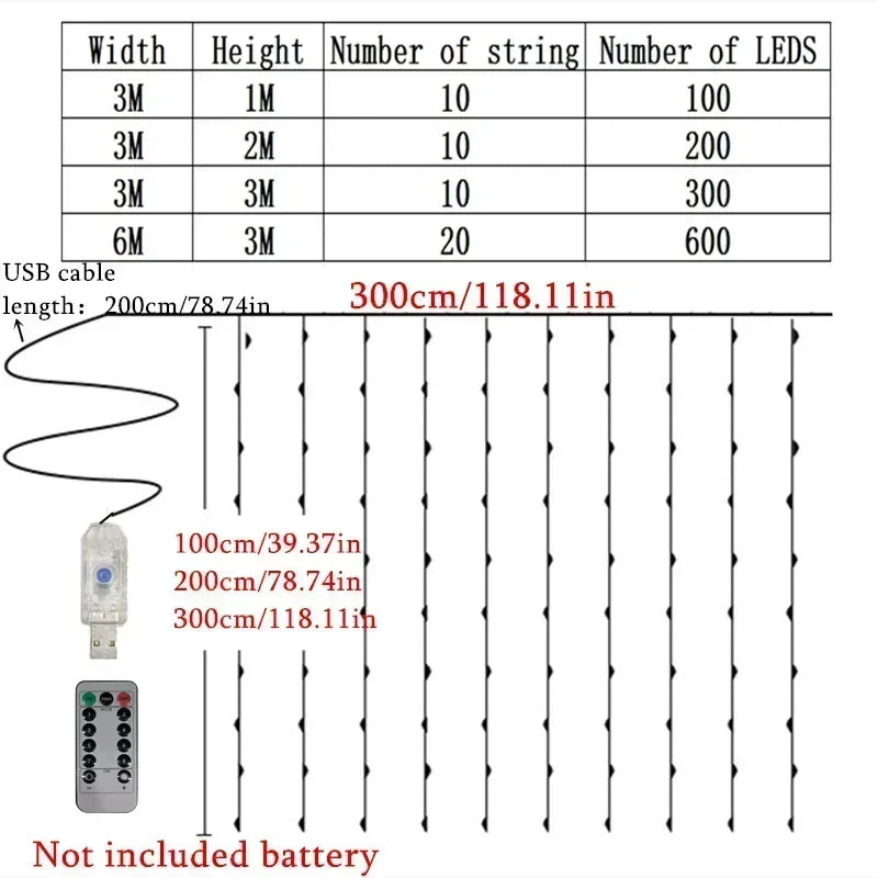 LED Curtain Fairy Lights with Remote – USB, 8 Modes, 3 m to 6 m