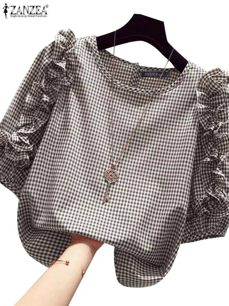 Ruffle-Trim Plaid Lantern-Sleeve Blouse