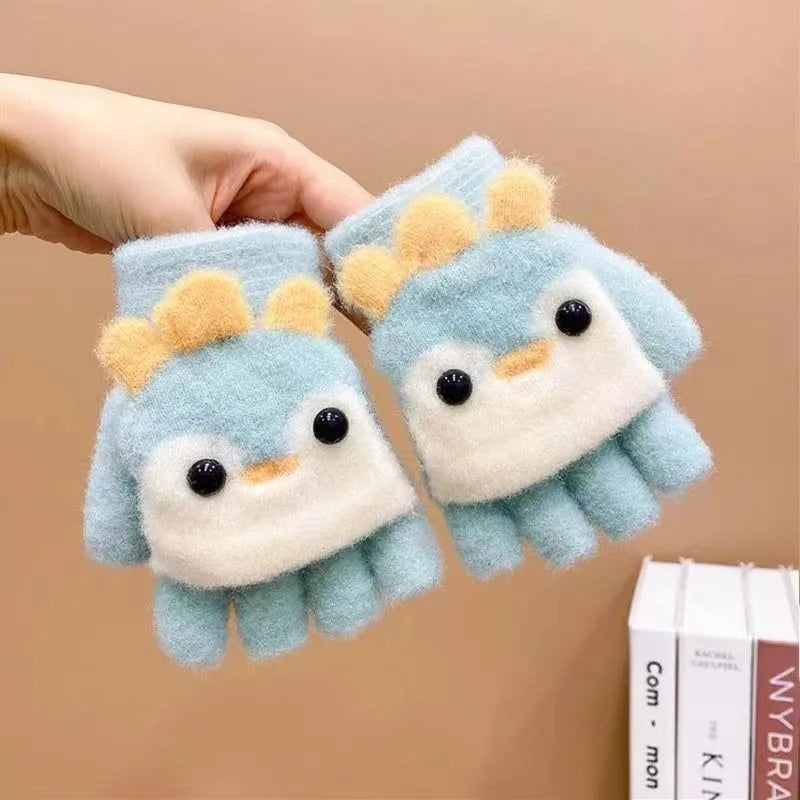 Kids' Penguin Flip-Top Mittens – Half-Finger Winter Gloves (Ages 2–6)