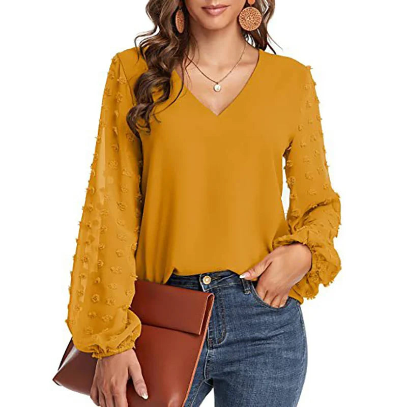 Elegant Chiffon Splicing Bubble Sleeve Blouse Female British Style Comfortable Commuter Shirt Women's V Neck Pullover Loose Tops