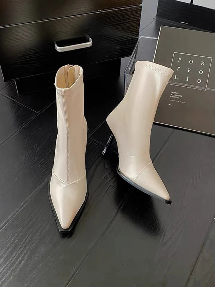 Black Pointed Toe High Heel Short Boots Women's Autumn Winter New Style Elastic Slim Fit Short Tube Boots Korean Version