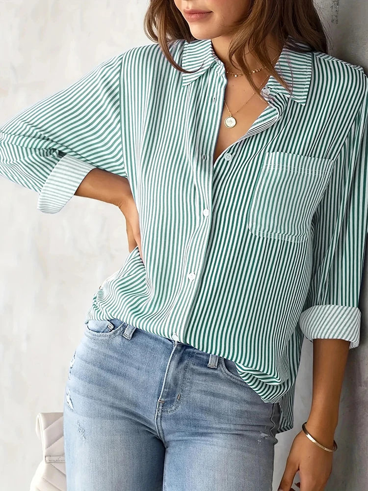 Women Long Sleeve Striped Loose Shirt Office Lady Elegant Turn Down Collar Harajuku Blouse Casual Lapel Tops Female Clothes