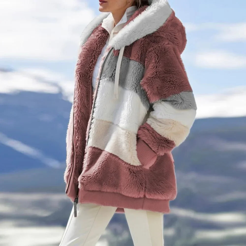 Winter Fashion Women's Coat 2026 Hooded Zipper Ladies Jacket Spliced Thick Cashmere Women Jacket Stitching Plaid Ladies Coats