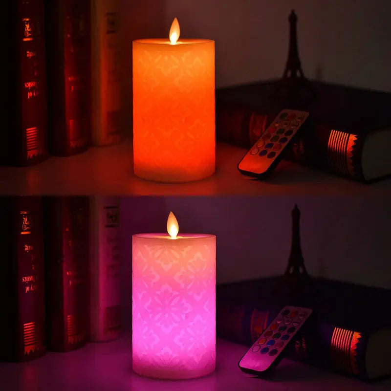 Flameless Candles with Remote Color Changing LED Candle Light Carved 3D Moroccan Designs Paraffin Candles Flickering Moving Wick