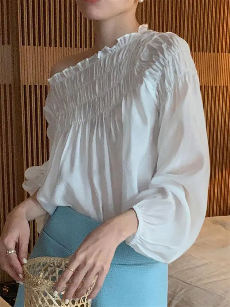 Korean Chic Sweet Elegant Chiffon Blouse With Puff Sleeves Round Neck Pleated Design for Women's Summer Shirts Loose Casual Top