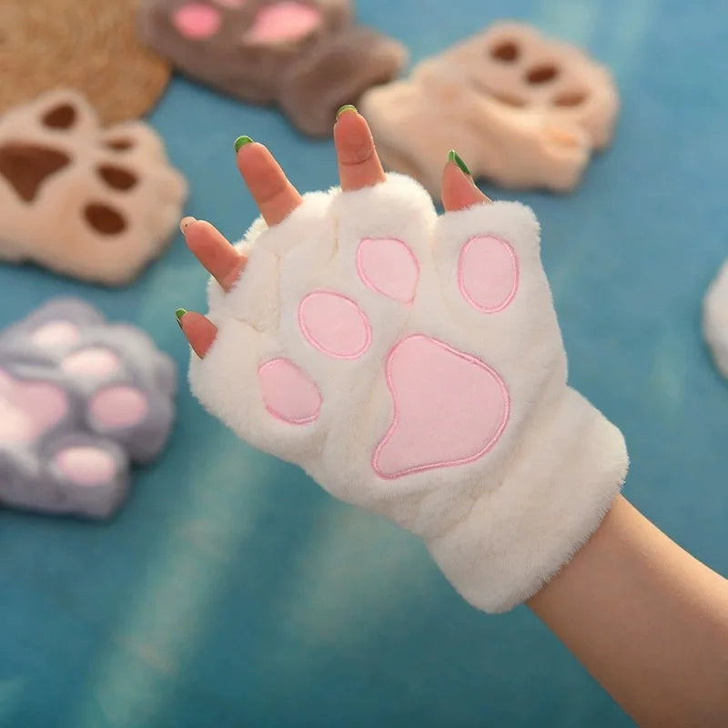 Women's Plush Cat Paw Fingerless Gloves