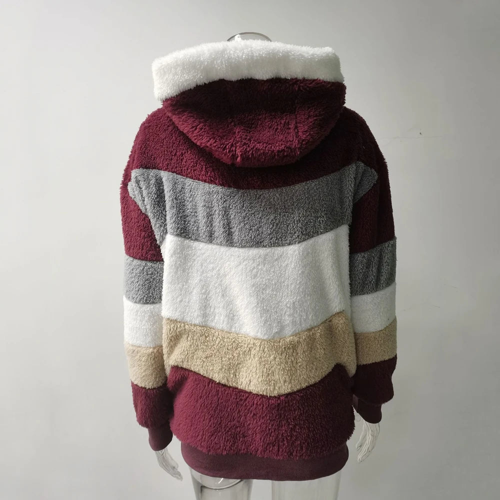 Winter Fashion Women's Coat 2026 Hooded Zipper Ladies Jacket Spliced Thick Cashmere Women Jacket Stitching Plaid Ladies Coats