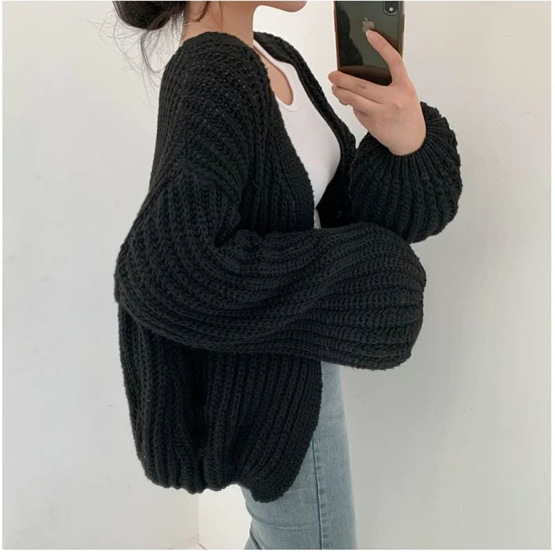 Women's Lantern-Sleeve Knit Cardigan – Relaxed Open-Front Sweater