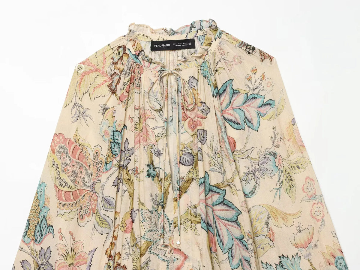 Willshela Women Fashion Printed Bow Lace Up Pleated Blouse Vintage O-Neck Long Puff Sleeves Female Chic Lady Shirts