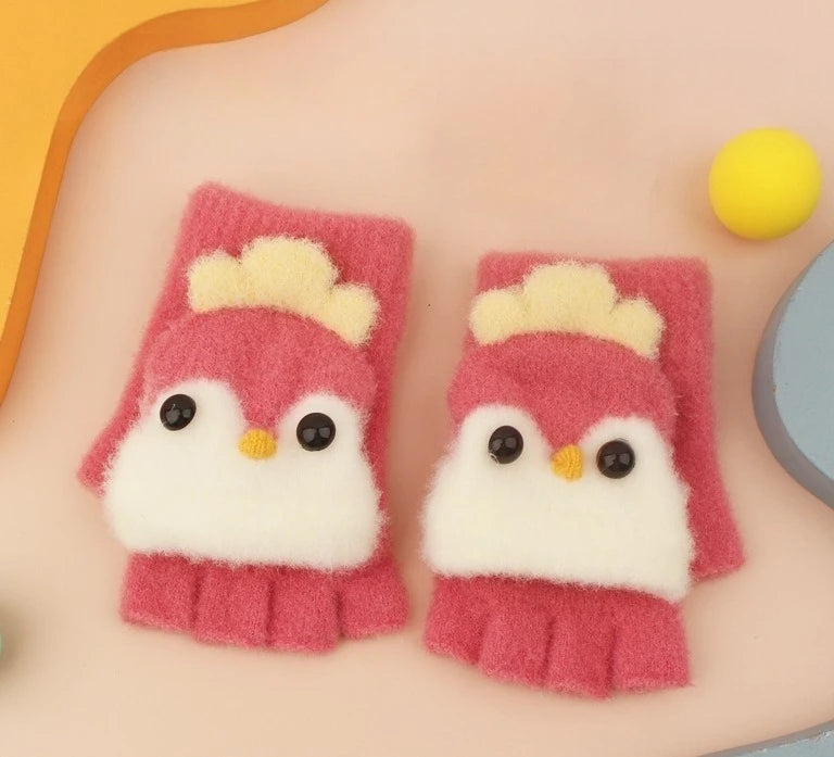 Kids' Penguin Flip-Top Mittens – Half-Finger Winter Gloves (Ages 2–6)