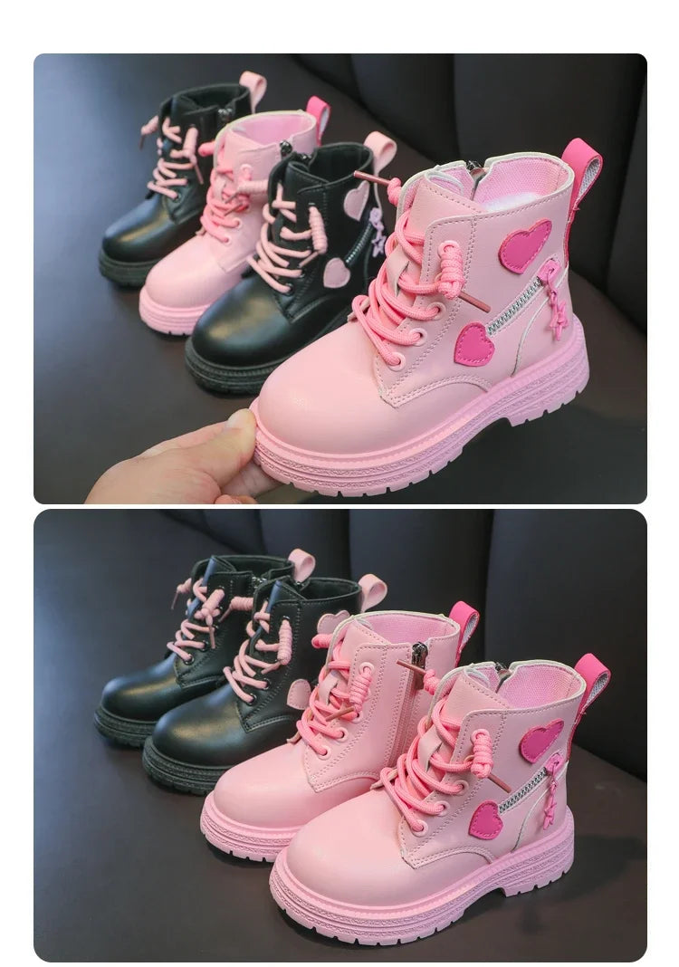 Black/pink Girls Leather Boots Velvet with Anti Slip Low Cut Side Zipper Winter Outdoor Girls Fashion Single Boot