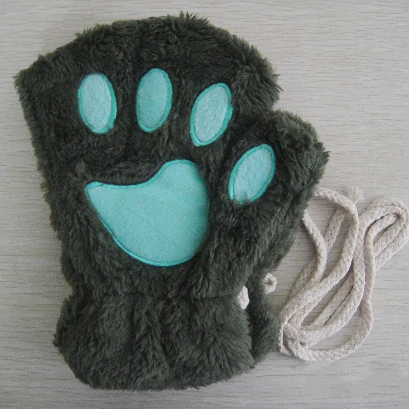 Women's Plush Cat Paw Fingerless Gloves