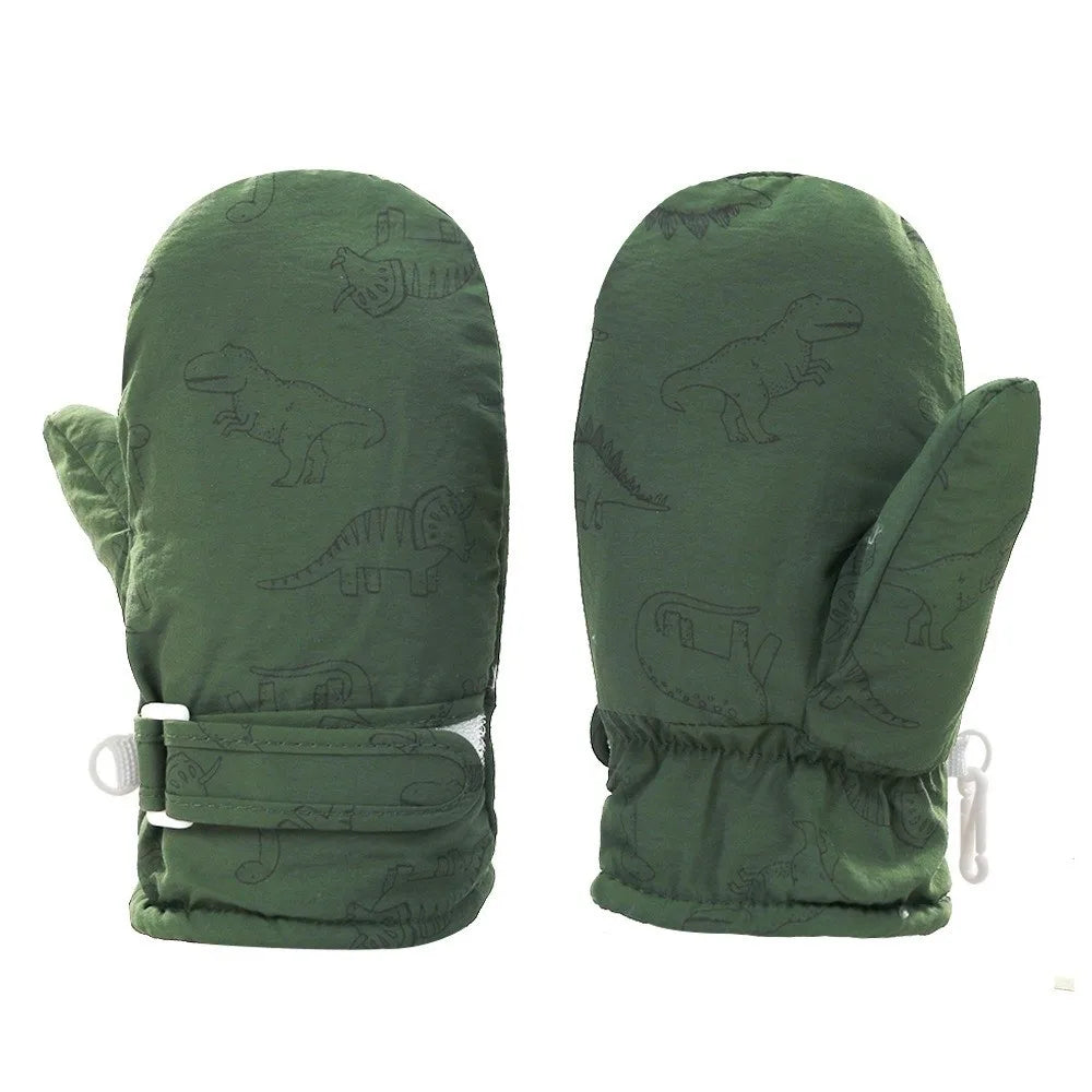Toddler Dinosaur Snow Mittens – Fleece-Lined, Sizes S, M, L