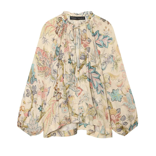 Printed Bow-Tie Pleated Blouse