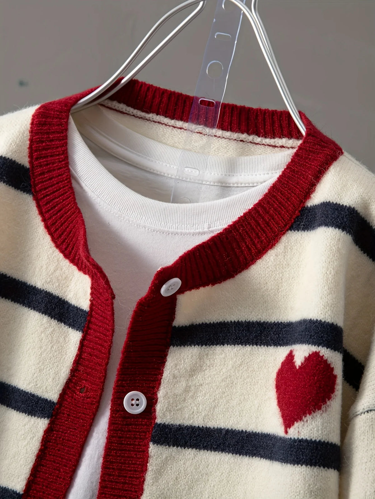 Women's Striped Button Front Cardigan, Cute Heart Pattern Knit Coat, Casual Fashion Outwear