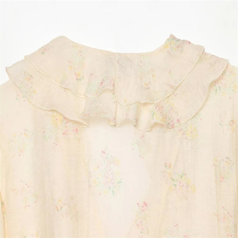 Guobioziy Elegant Women Floral Print Chiffon Blouse Ruffle Trim V‑Neck Flare Sleeve Top For Dating Office Daily Outfi