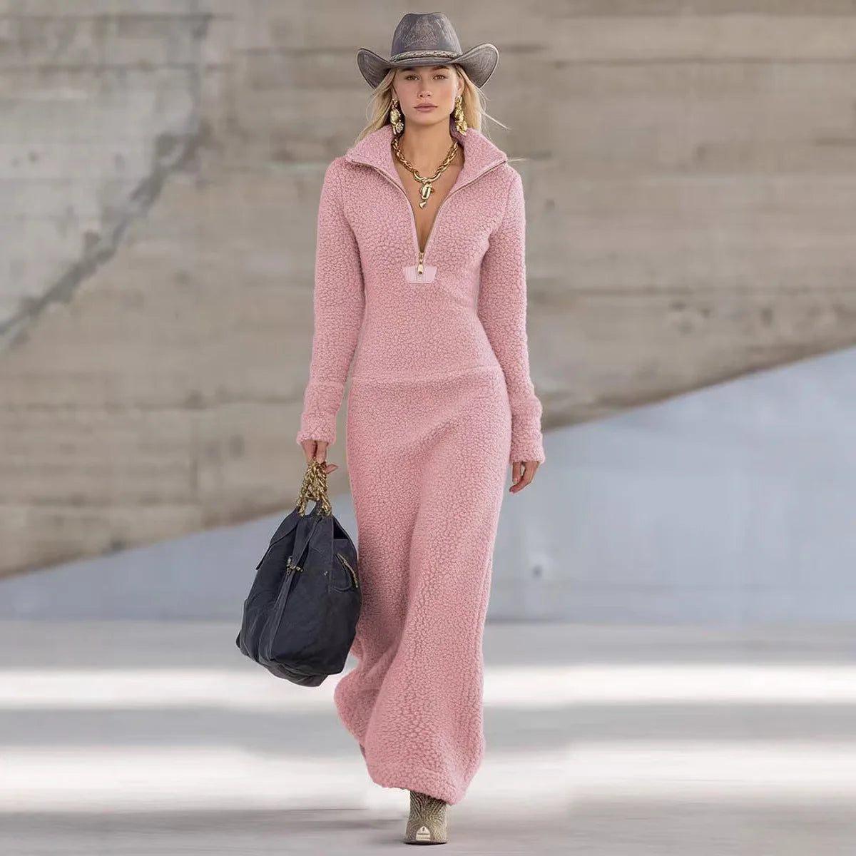 Women's V-Neck A-Line Midi Dress with Zip Detail