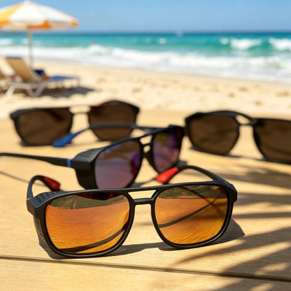 Sunglasses on a wooden surface with a beach and ocean in the background