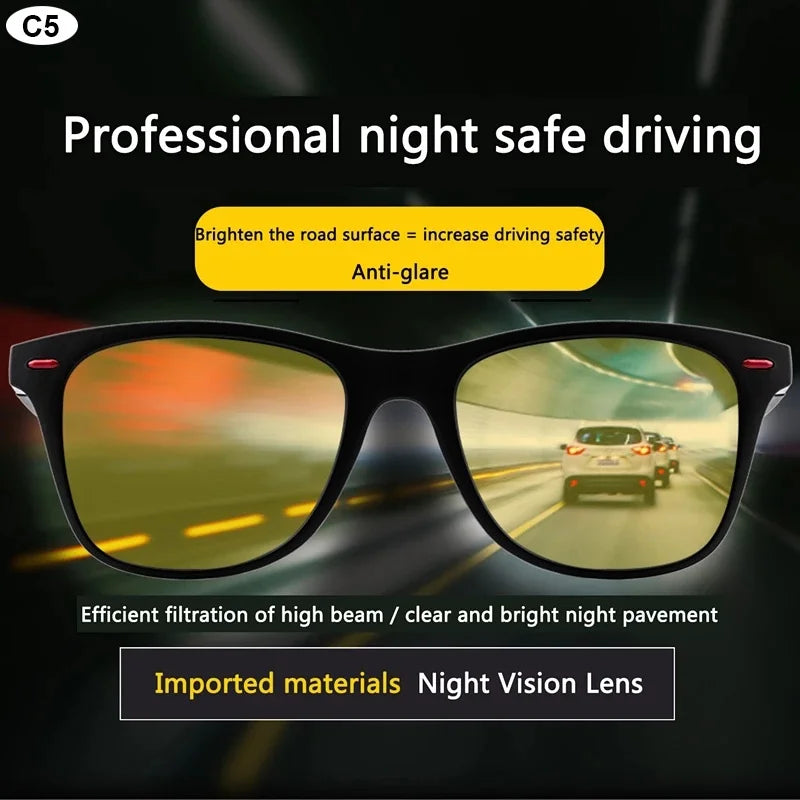 Sunglasses with night vision lens on a dark background with text about professional night safe driving.