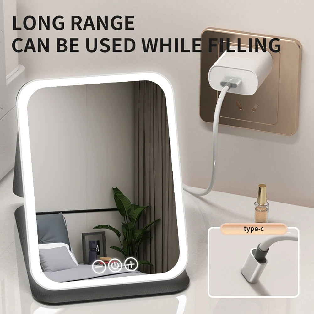 Foldable LED Makeup Mirror – 3 Light Colours, Dimmable Touch Control, Rechargeable