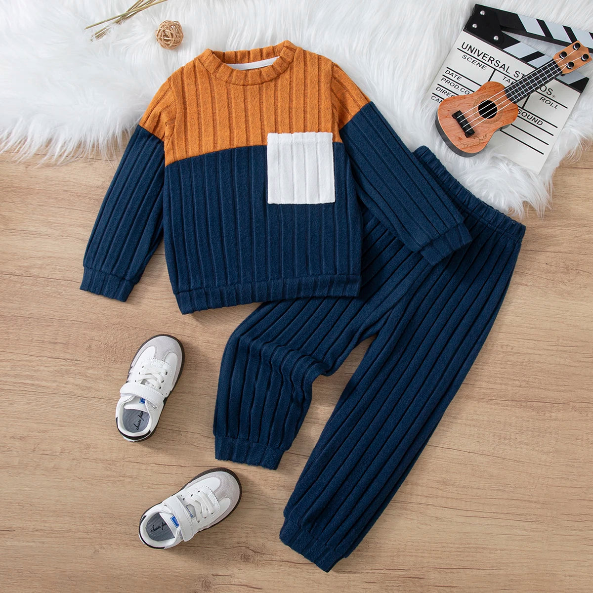 Boys' Colour Block Sweater & Pants Set - Long Sleeve Winter Outfit, Sizes 90-130