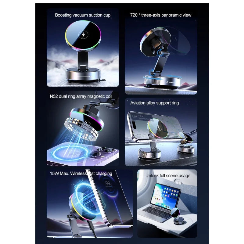 15W RGB Wireless Car Charger & 360° Phone Holder