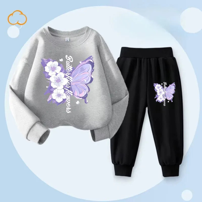 Girls' Butterfly Print Hoodie & Pants Set - 2-Piece Spring Tracksuit, Sizes 100-150