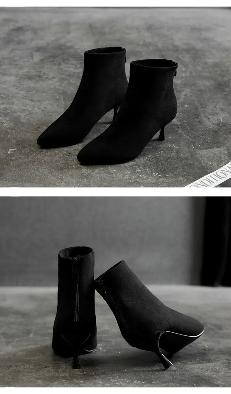 Suede Pointy Toe Ankle Boots Zipper Thin Heels Size 31-43 Winter Short Boots for Women High Heels Big Size High Heels