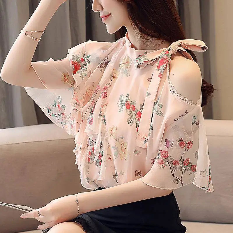 Chiffon Female Tops Floral with Puffy Sleeves Women's Shirt Blouse Modern Long Tall Elegant Luxury Korean Popular Clothes Pretty