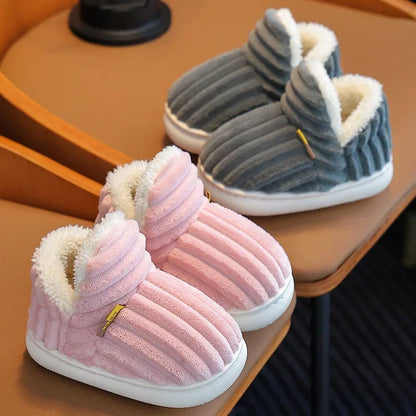 Kids' Striped Plush Slippers – Warm Non-Slip Heel-Wrap House Shoes