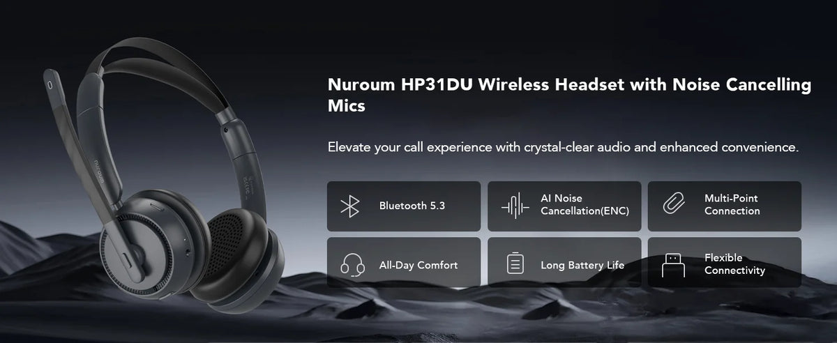Nuroum HP31DU Wireless Office Headset – Bluetooth 5.3, Noise-Cancelling Mic & USB Dongle