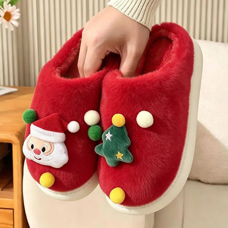 Pantofole natalizie in peluche da donna – Pantofole da casa con plateau in pelliccia sintetica e Babbo Natale