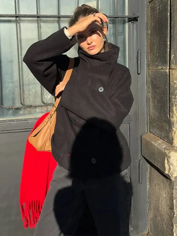 Classic Black High Neck Faux Wool Coats Women Chic Double Breasted Wide Sleeve Pocket Jackets Fall Winter Street Loose Outerwear