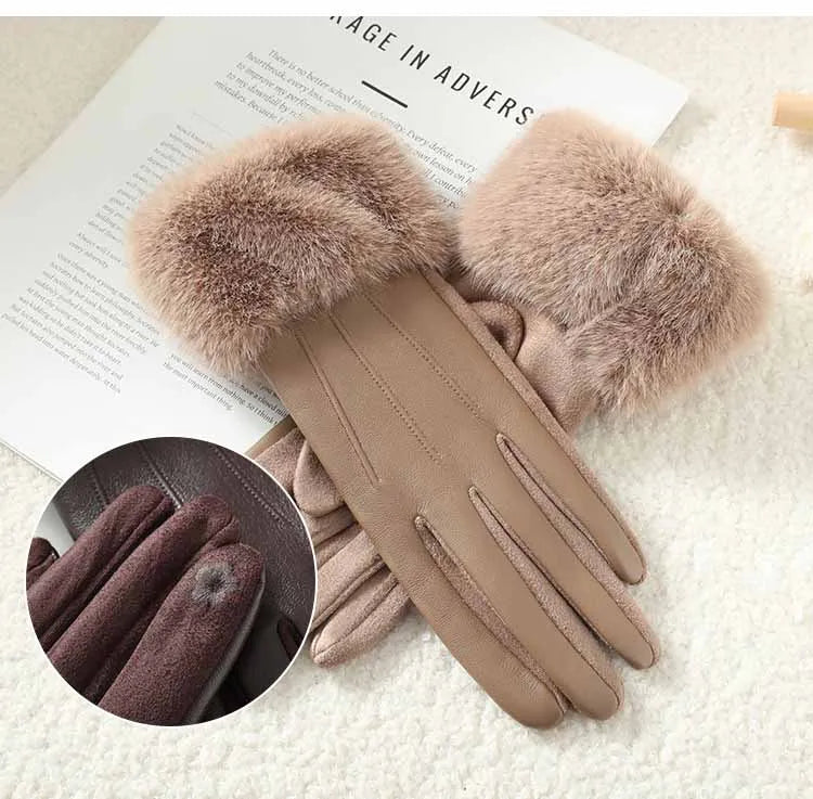 Women's Faux Leather Gloves with Faux Fur Cuff – Touchscreen