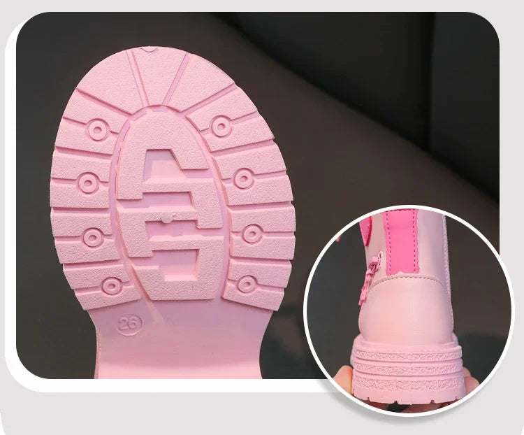 Black/pink Girls Leather Boots Velvet with Anti Slip Low Cut Side Zipper Winter Outdoor Girls Fashion Single Boot
